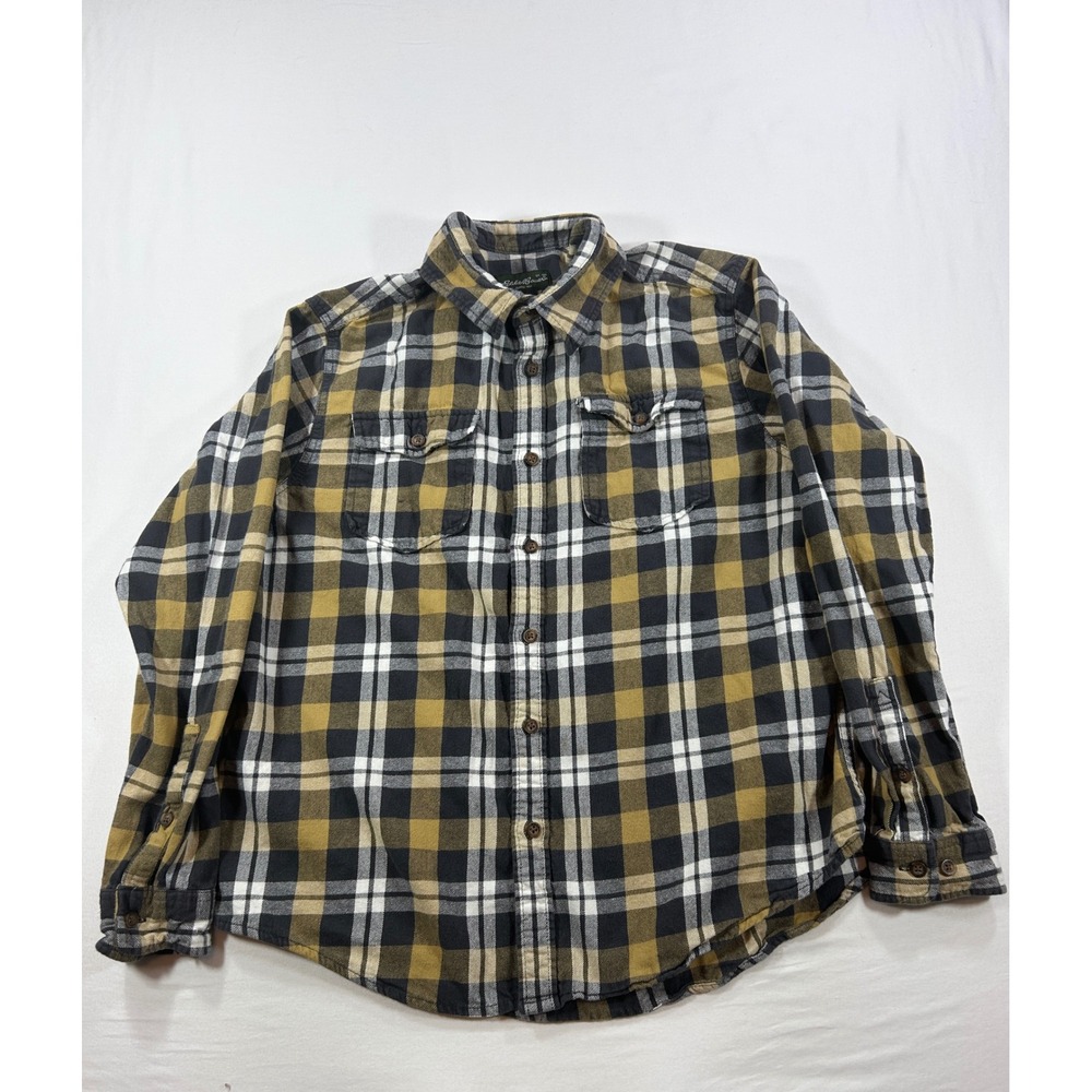Eddie Bauer Mens XL Flannel Shirt Mustard Yellow Black Plaid Button Down L/S